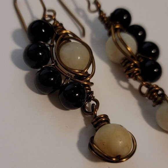 Handmade Wire Wrapped Dangle Earrings – Black & White Beaded Boho Jewelry - Picture 5 of 9